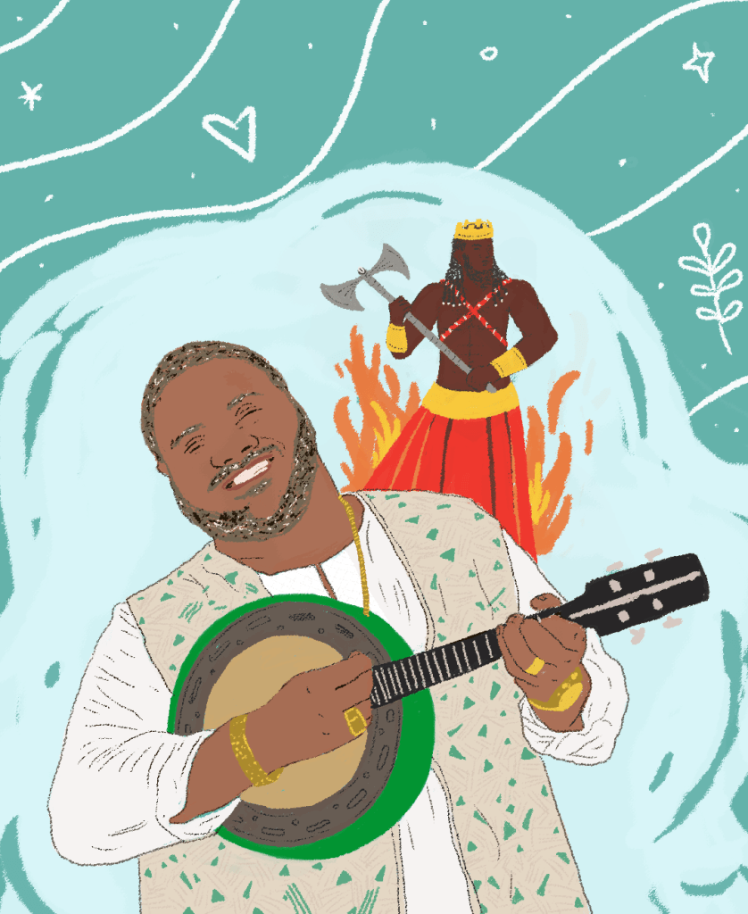 ilustração do sambista Arlindo Cruz e atrás Xangô